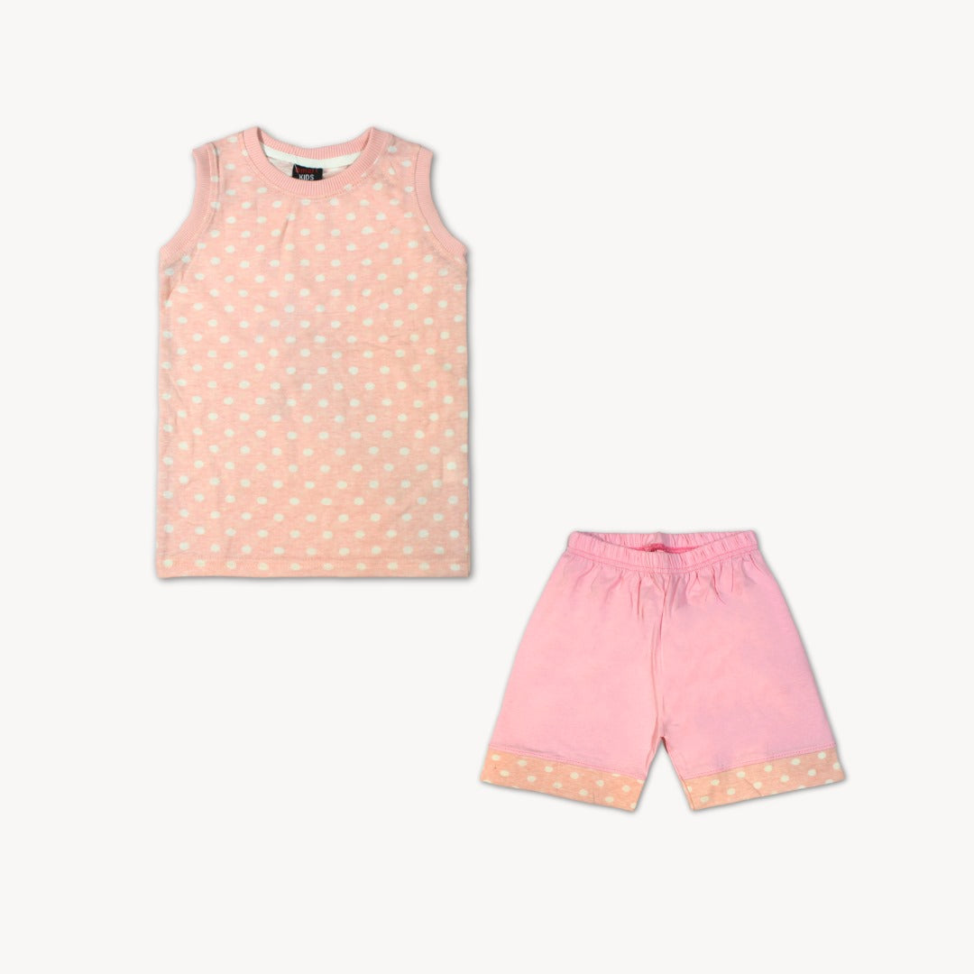 Light Pink Polka Dots Sleeveless Shirt & Short Set