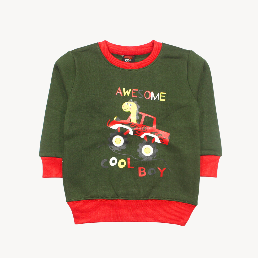 Dark Green Red Ribbed Printed Fleece Sweat Shirt