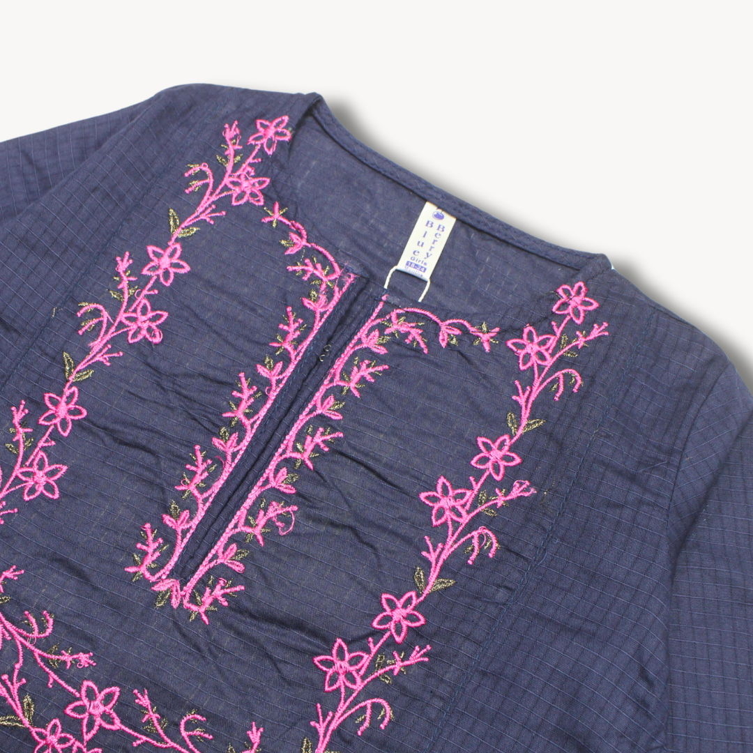 Navy Blue with Pink Embroidered Cotton Kurti