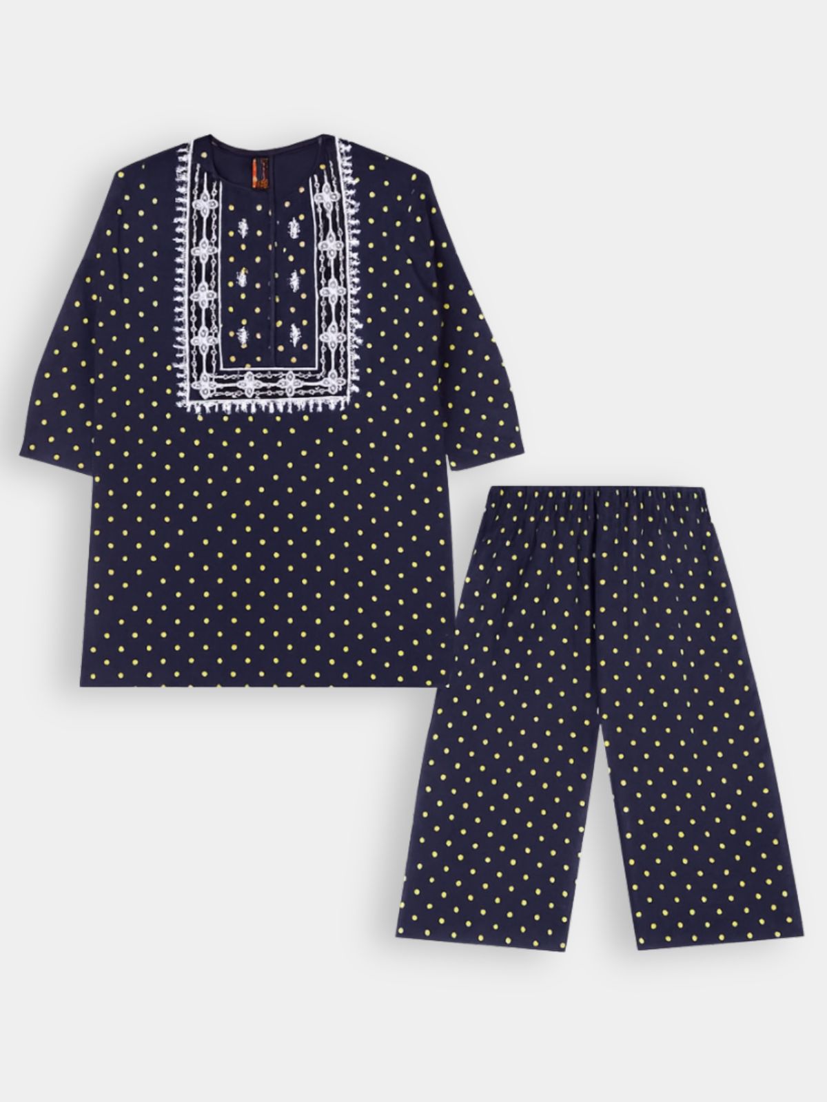 Navy Blue Polka Dot Courdroy Set with White Embroidered Neckline