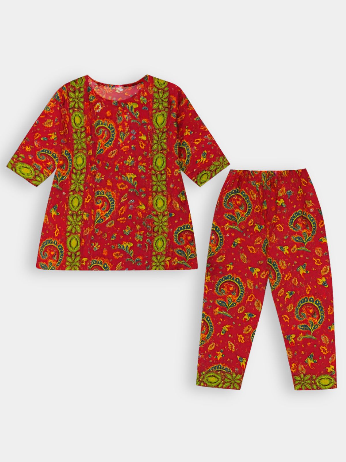 Girls Red & Green Paisley Printed 2-Piece Khaddar  Shalwar Qameez
