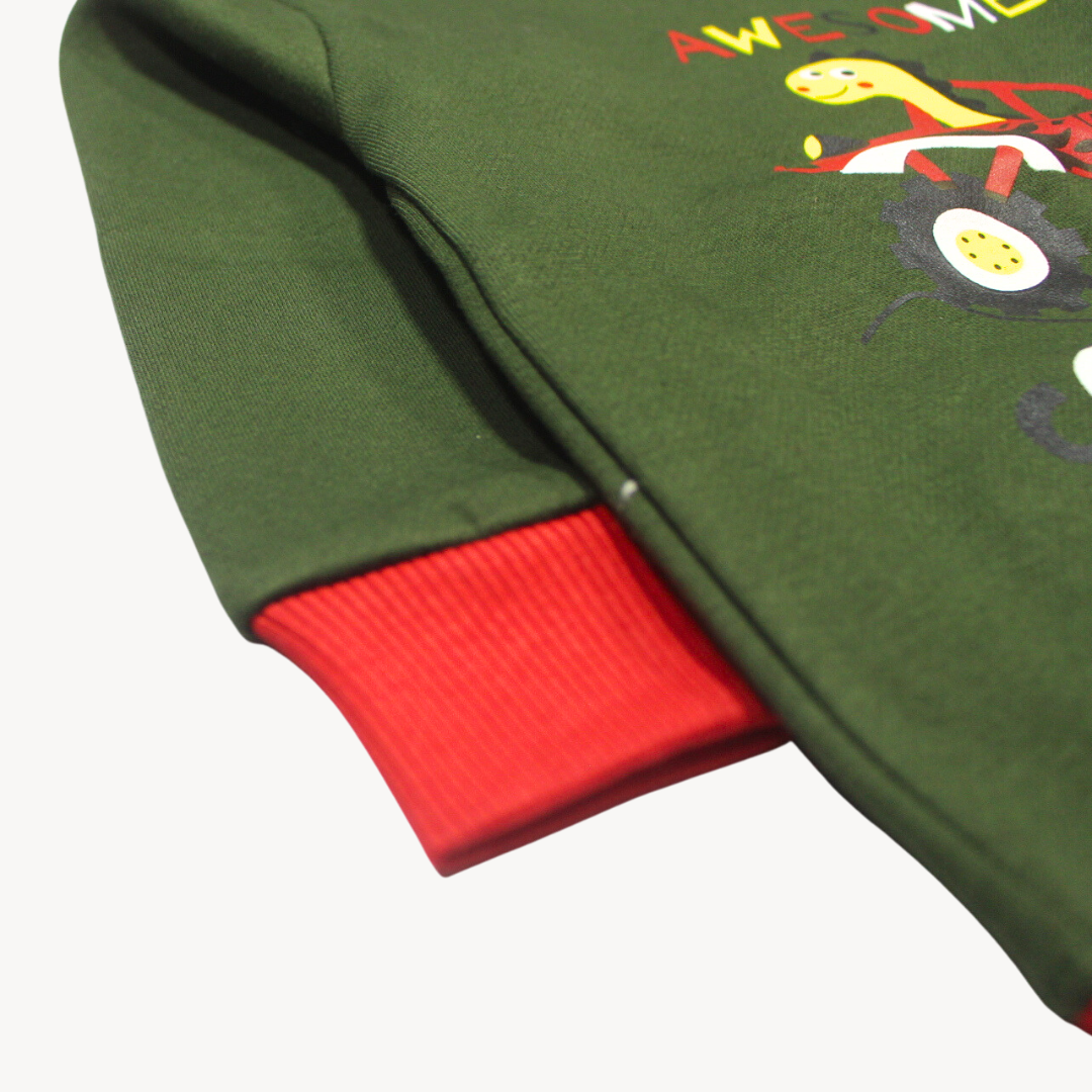 Dark Green Red Ribbed Printed Fleece Sweat Shirt