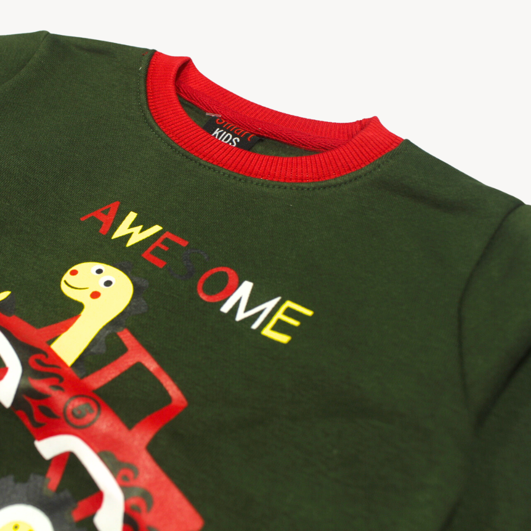 Dark Green Red Ribbed Printed Fleece Sweat Shirt