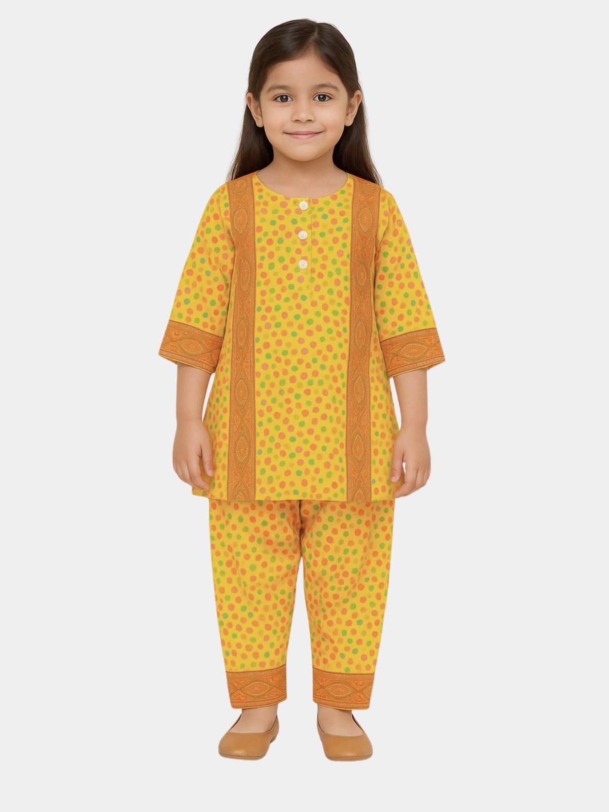 Girls Yellow Multicolor Dotted Printed 2-Piece Khaddar  Shalwar Qameez
