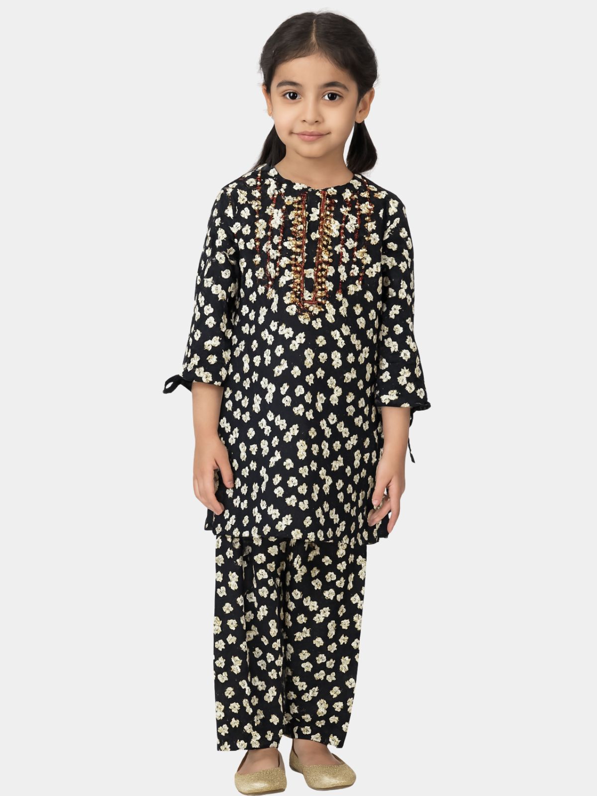 Black Floral Courdroy Set with Embroidered Neckline