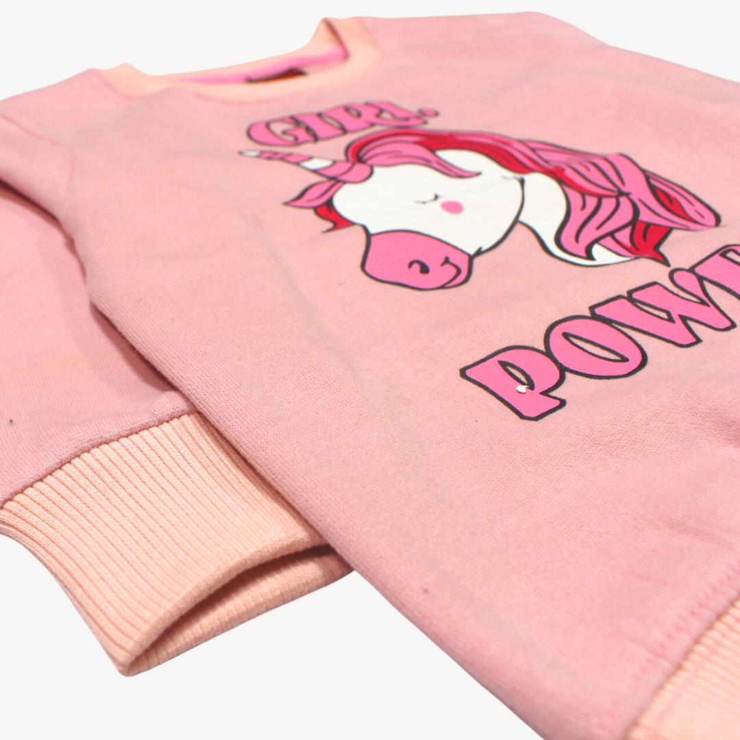 Blush Pink Girl Power Unicorn Print Fleece Sweat Shirt
