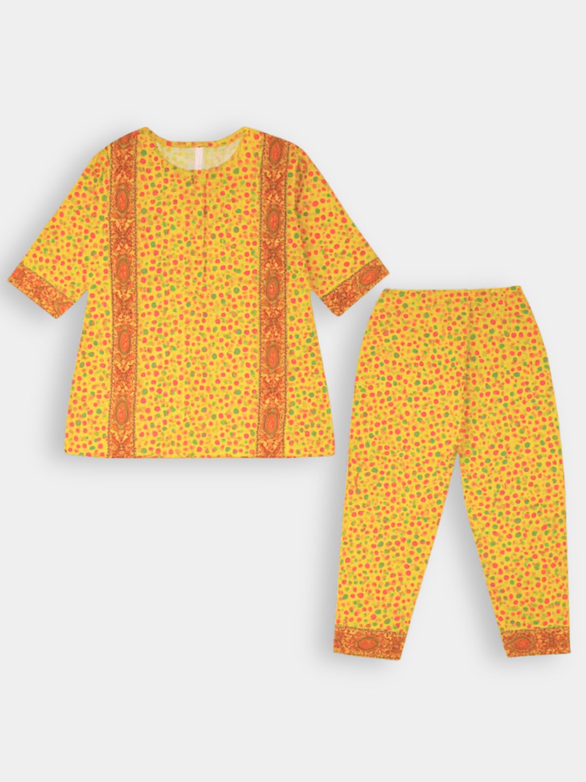 Girls Yellow Multicolor Dotted Printed 2-Piece Khaddar  Shalwar Qameez