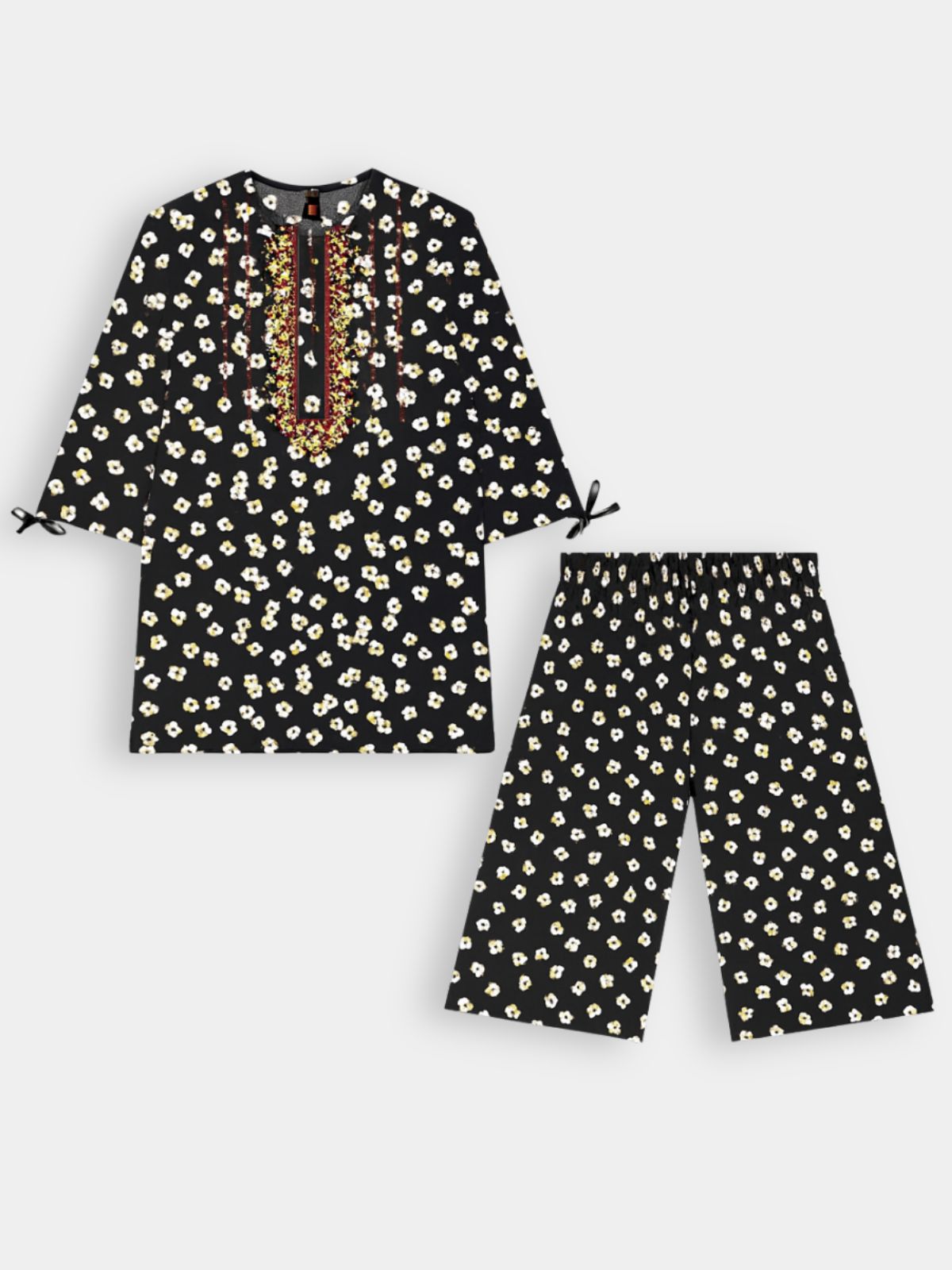 Black Floral Courdroy Set with Embroidered Neckline
