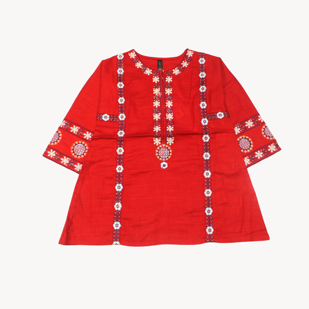 Bashu Red Embroidered Khaddar Kurti