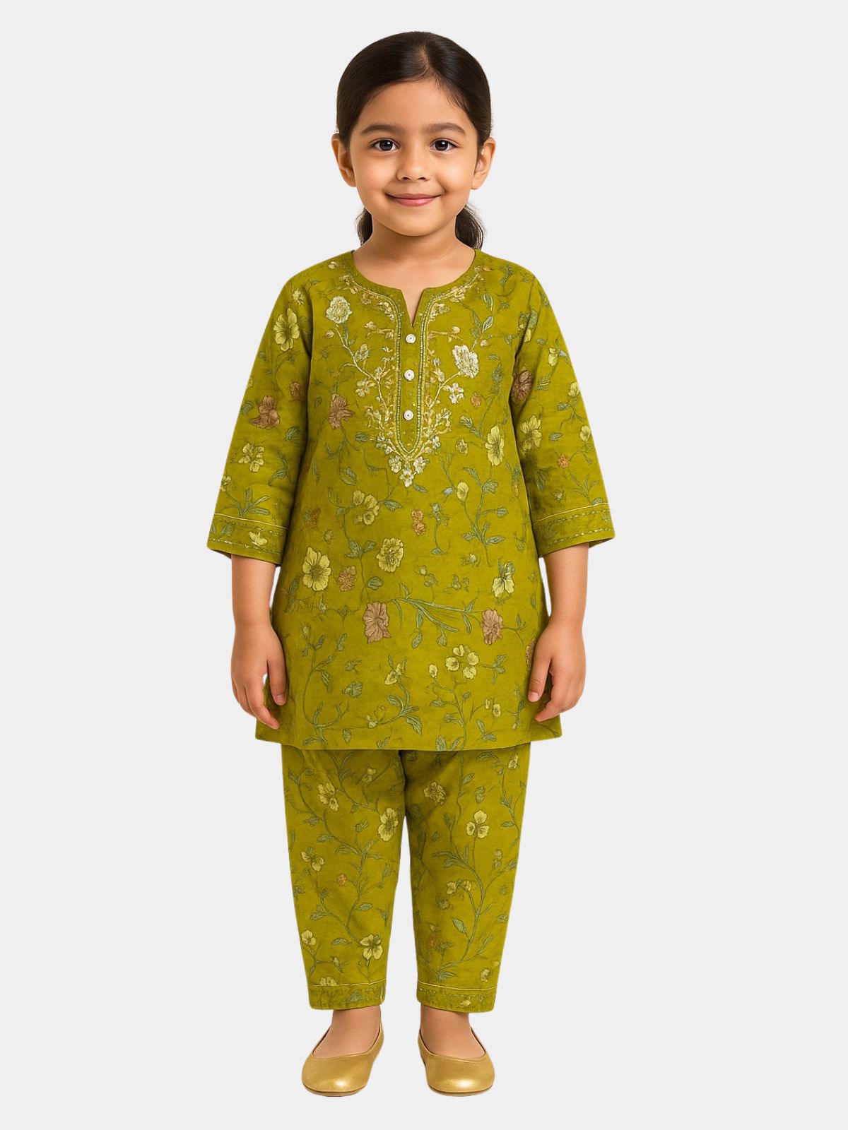 Girls Mustard Yellow Embroidered Floral 2-Piece Khaddar  Shalwar Qameez