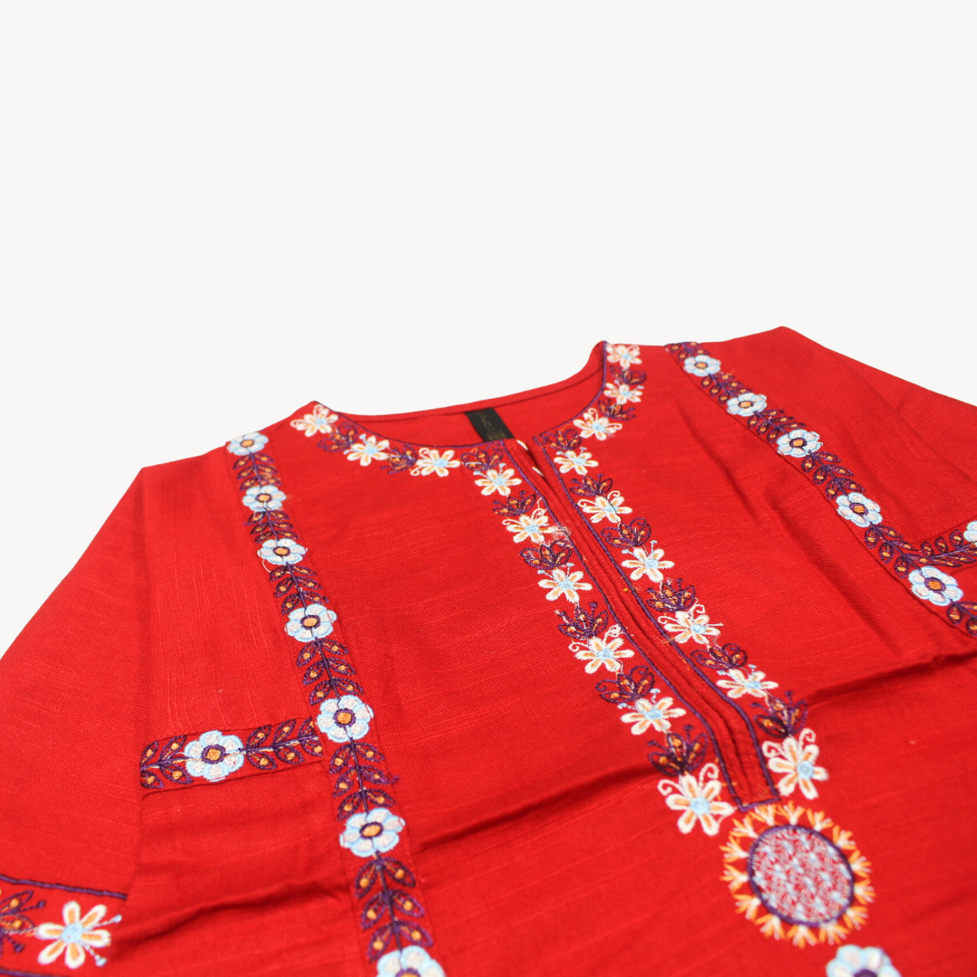 Bashu Red Embroidered Khaddar Kurti