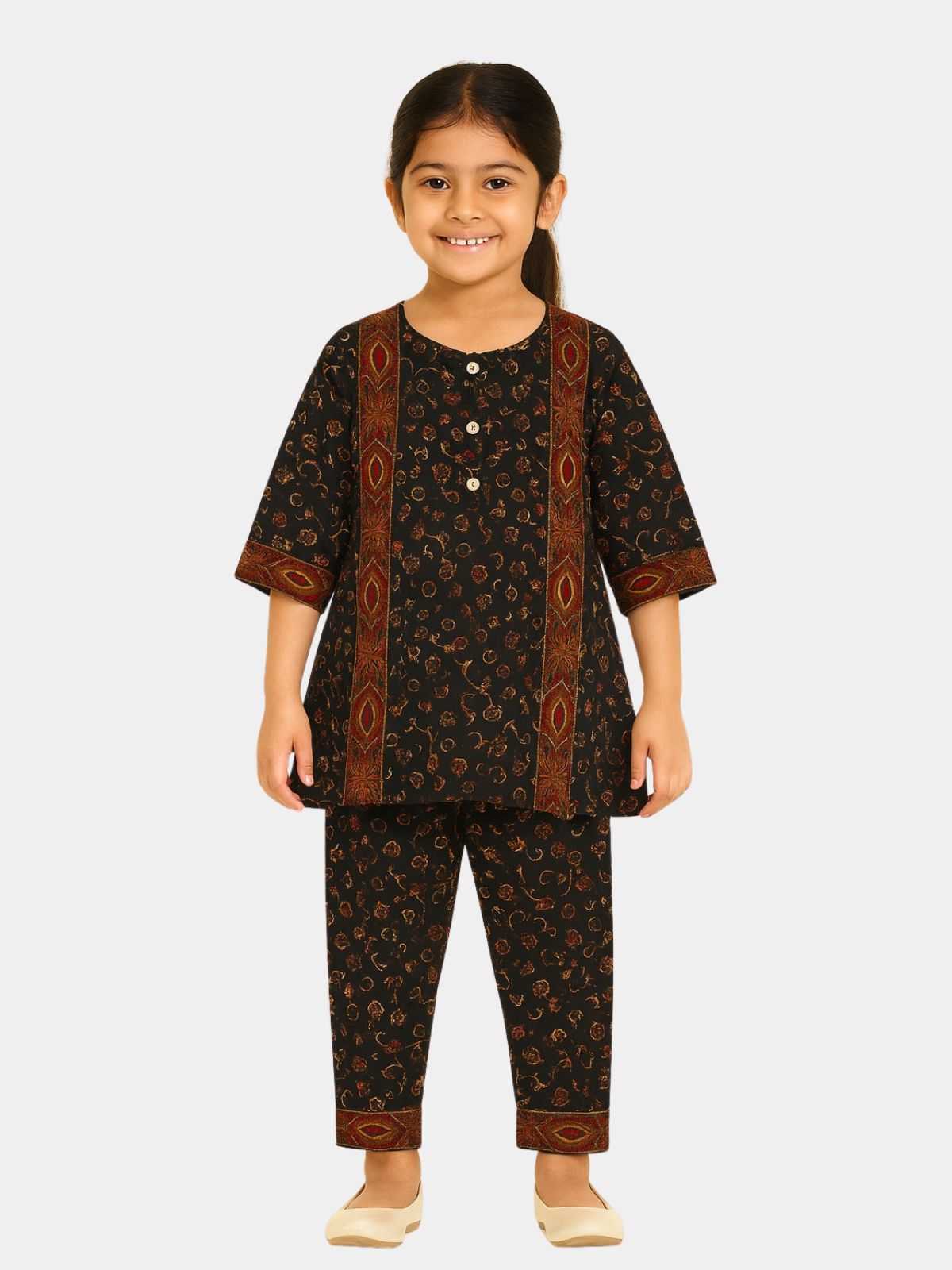 Girls Black & Rust Printed 2-Piece Khaddar  Shalwar Qameez