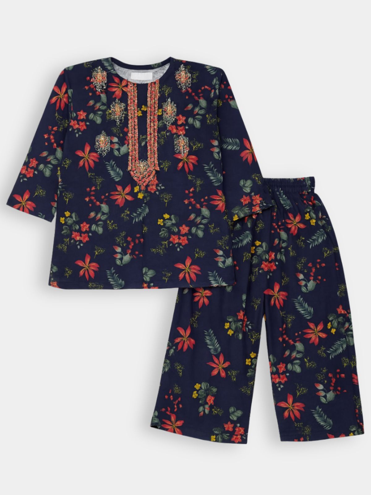 Navy Blue Floral with Embroidered Neckline Flannel Soft Winters Shalwar Kameez