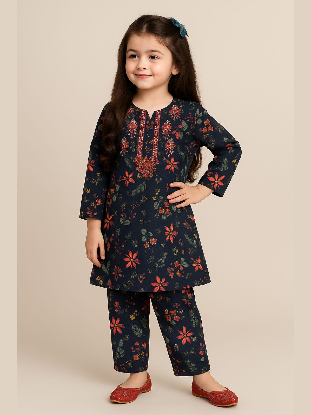 Navy Blue Floral with Embroidered Neckline Flannel Soft Winters Shalwar Kameez