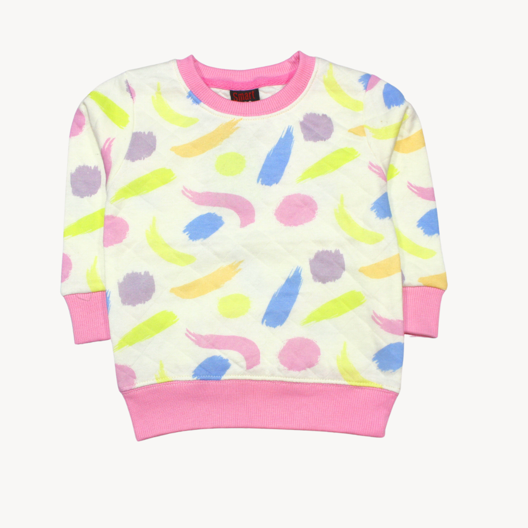 White & Pink Abstract Print Quilt Sweat Shirt