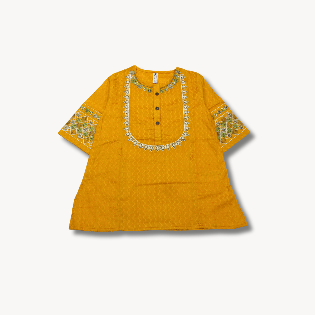 Yellow with White Embroidered Cotton Kurti