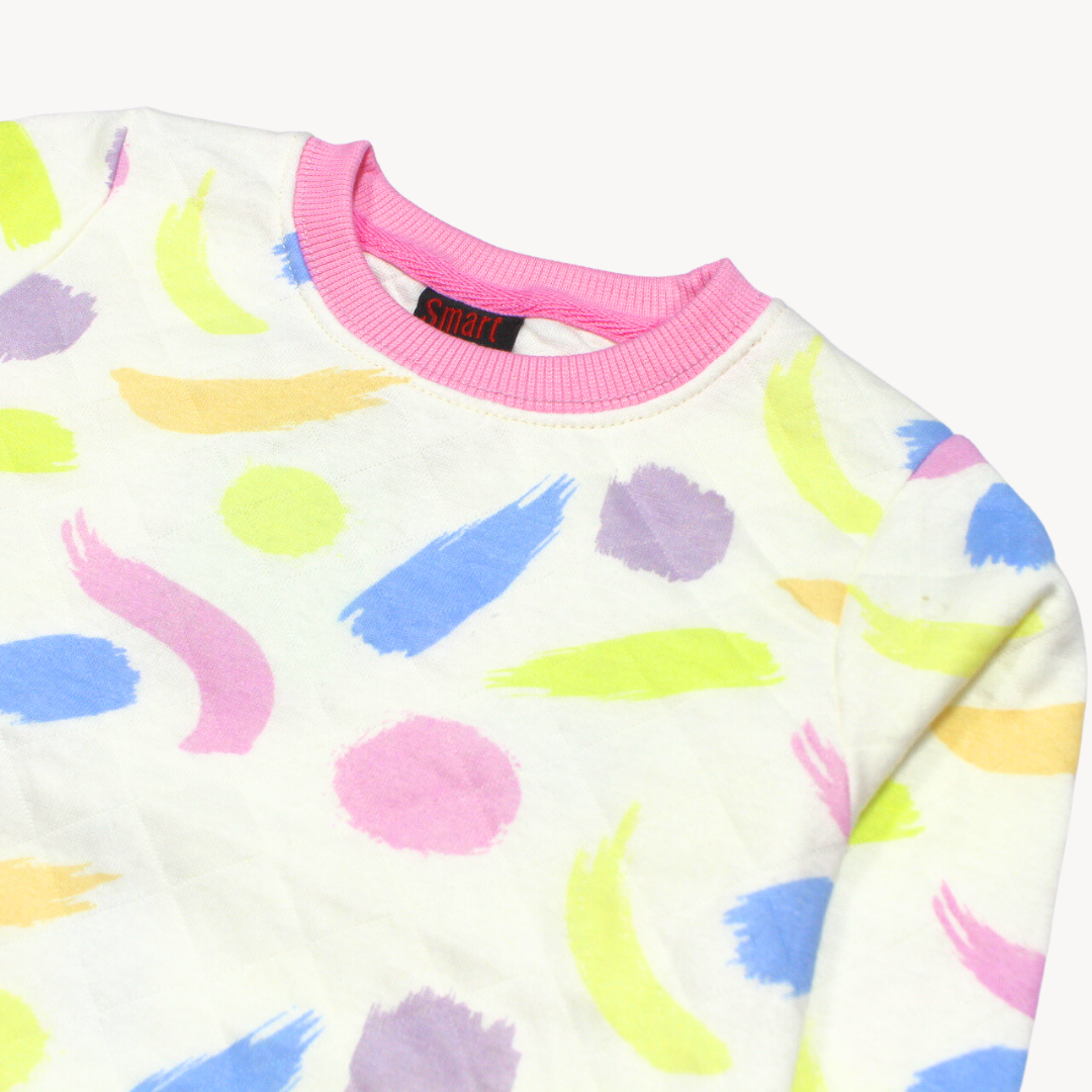 White & Pink Abstract Print Quilt Sweat Shirt