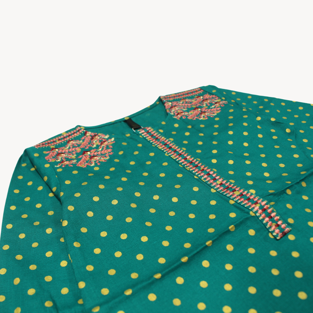 Bashu Green Polka Dot Embroidered Khaddar Kurti