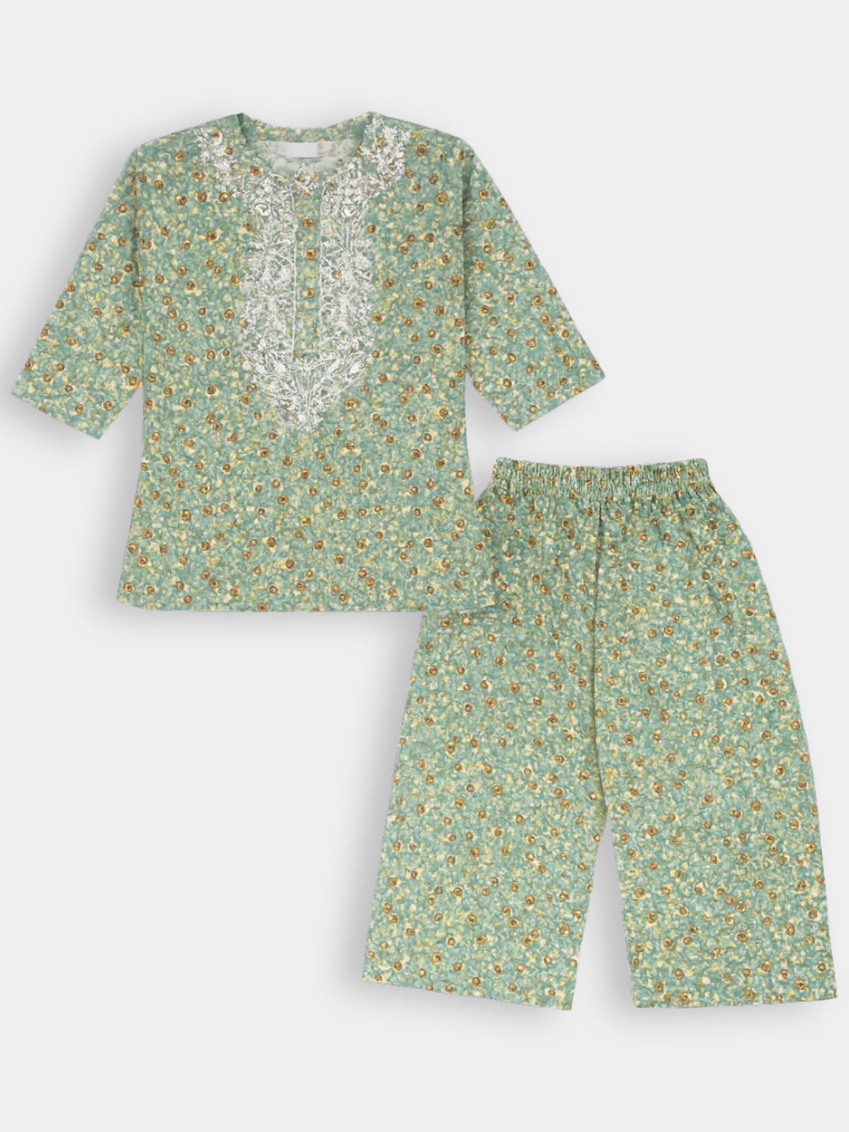 Light Green Floral with White Embroidered Neckline Flannel Soft Winters Shalwar Kameez