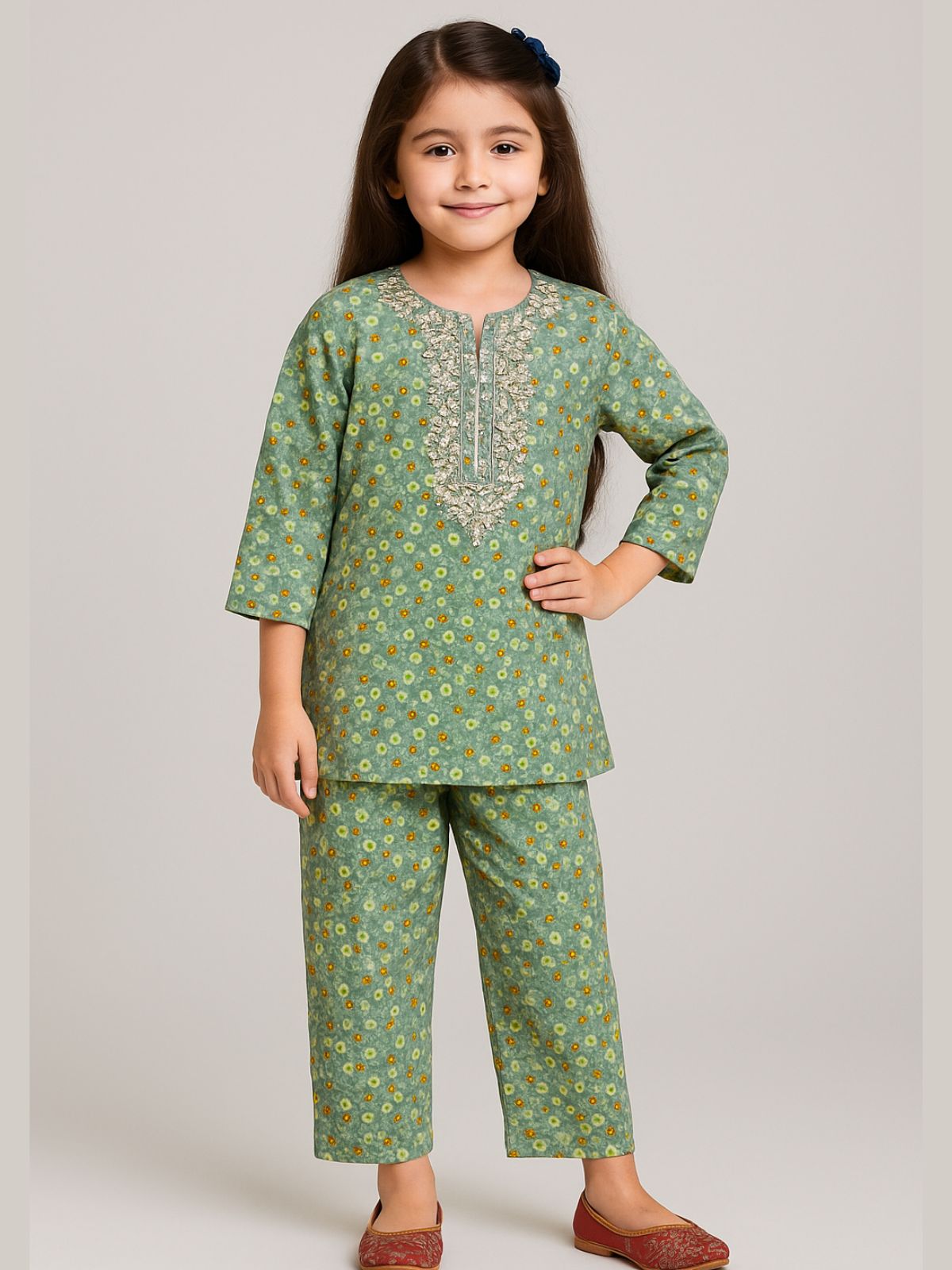 Light Green Floral with White Embroidered Neckline Flannel Soft Winters Shalwar Kameez
