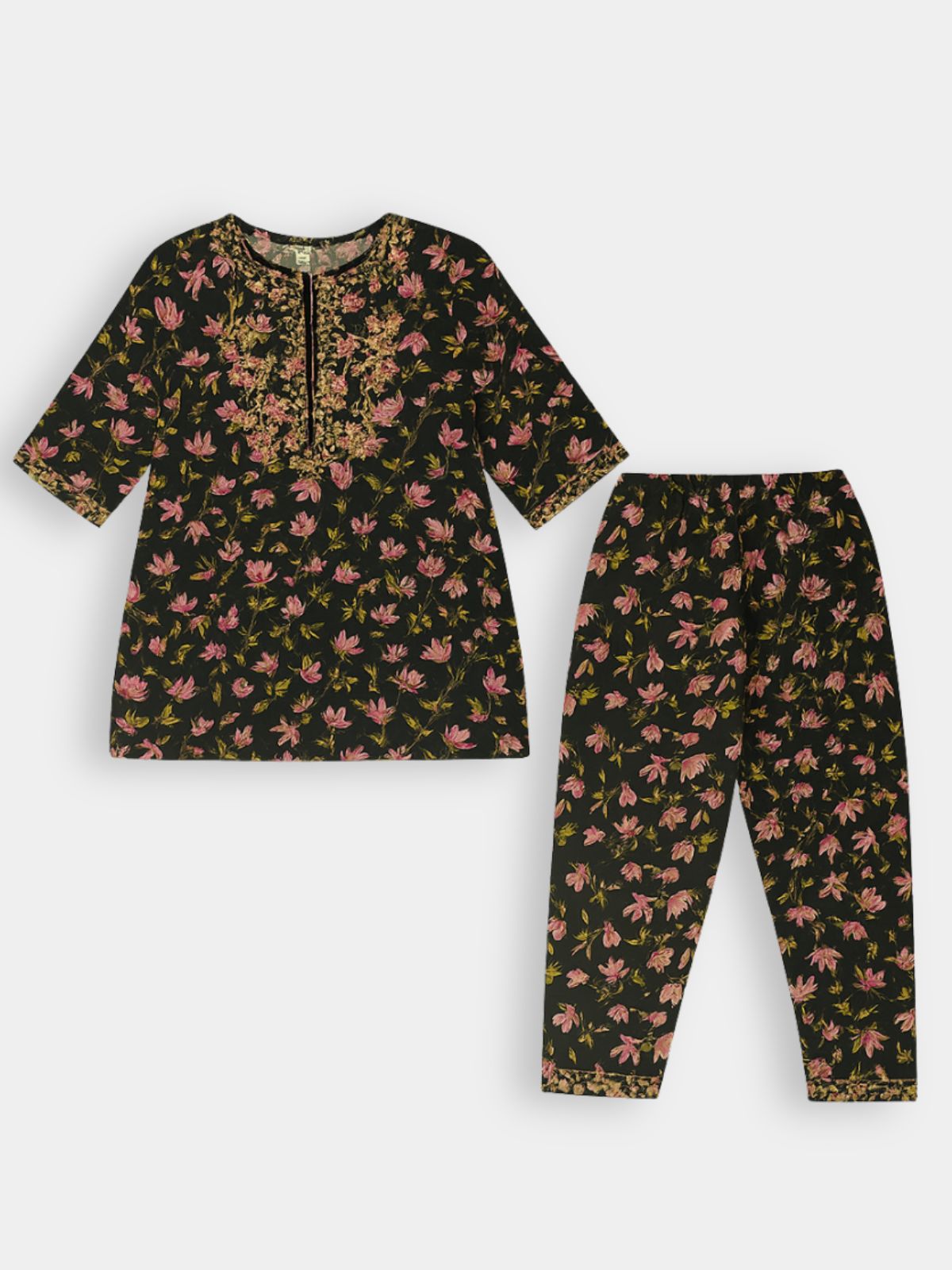Girls Black Floral Printed 2-Piece Khaddar Shalwar Qameez