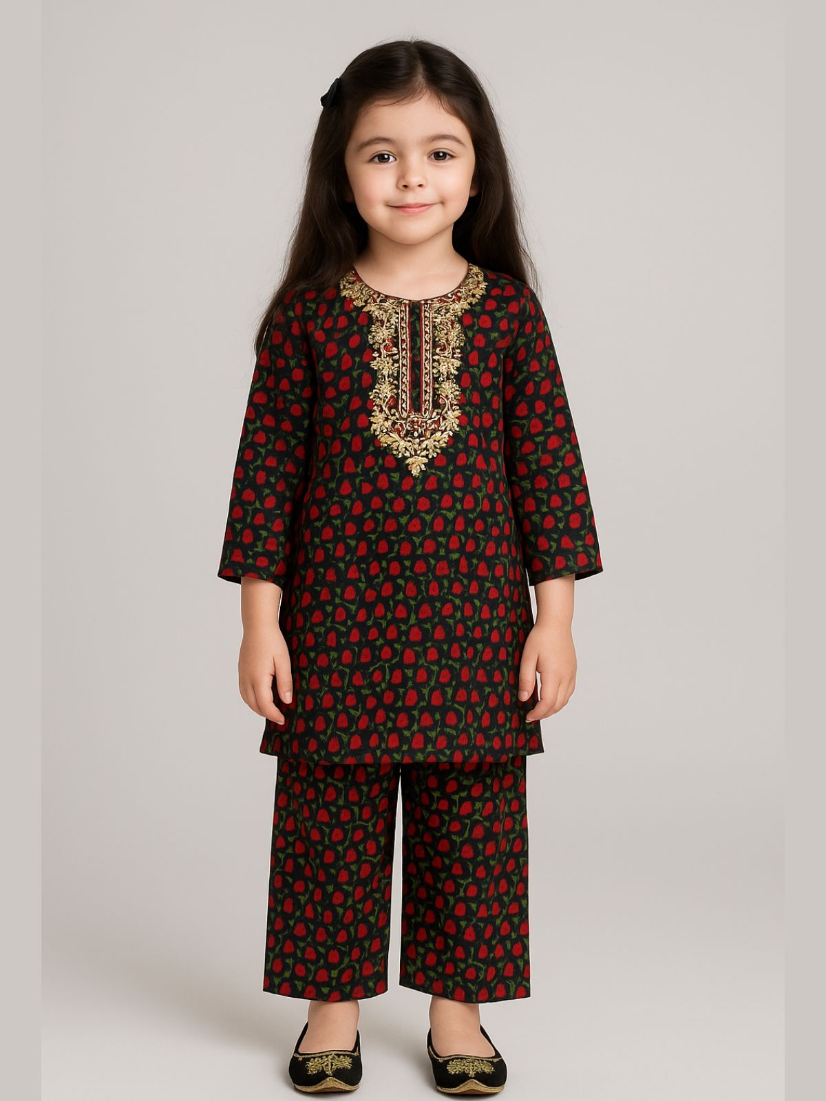 Black with Red Rose Print & Golden Embroidery Flannel Soft Winters Shalwar Kameez