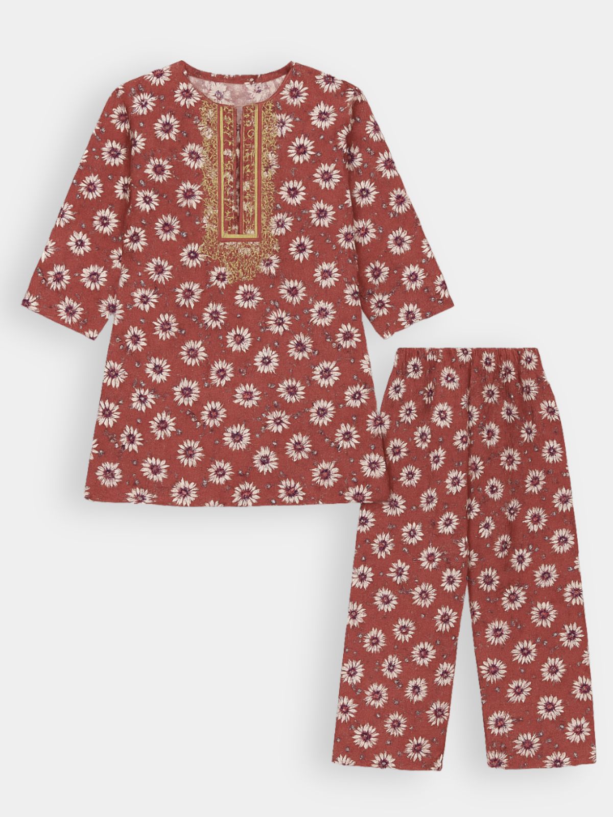 Rust Floral Flannel Shalwar Kameez with Golden Embroidered Neckline