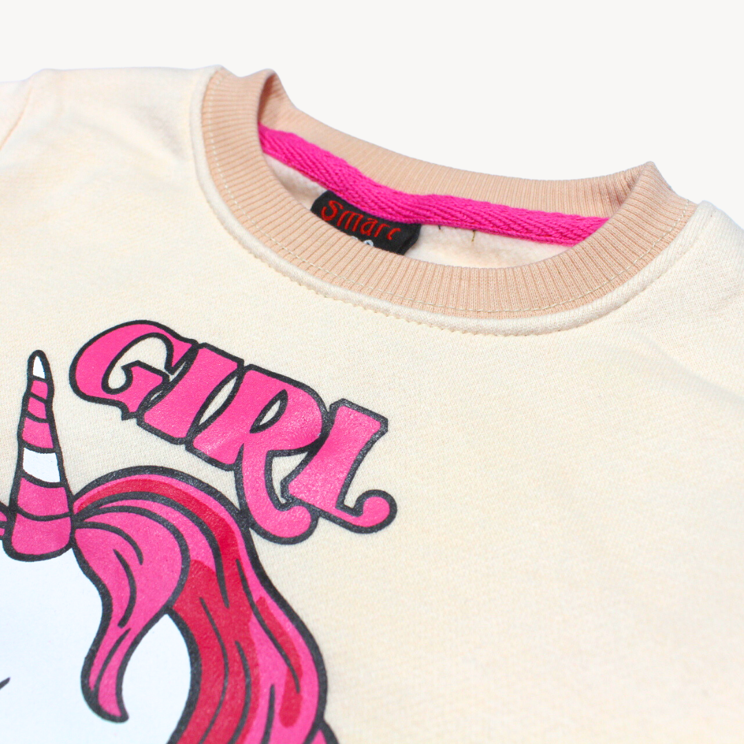 Light Pink Girl Power Unicorn Print Fleece Sweat Shirt