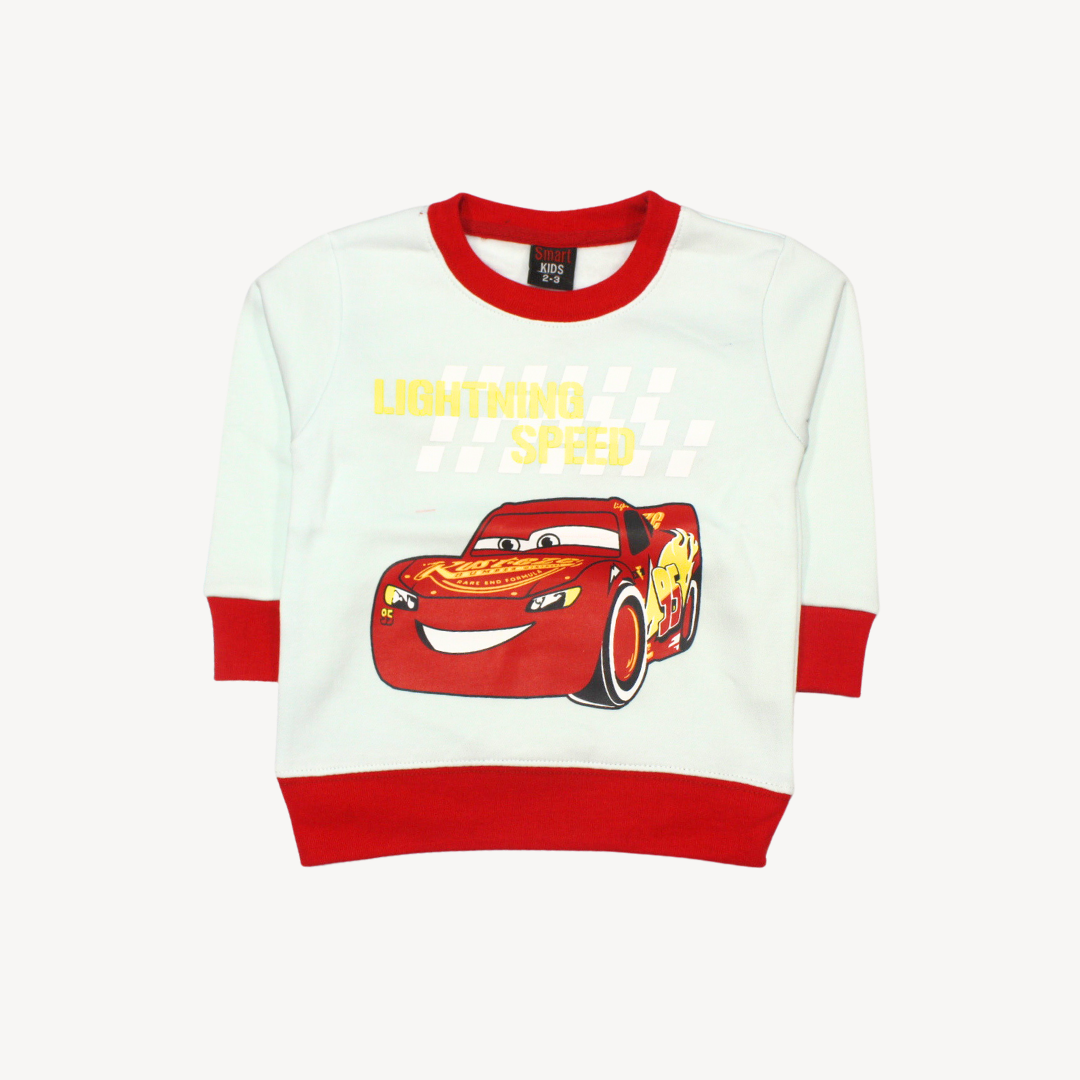 White Red Ribbed Lightning McQueen Printed Fleece Sweat Shirt