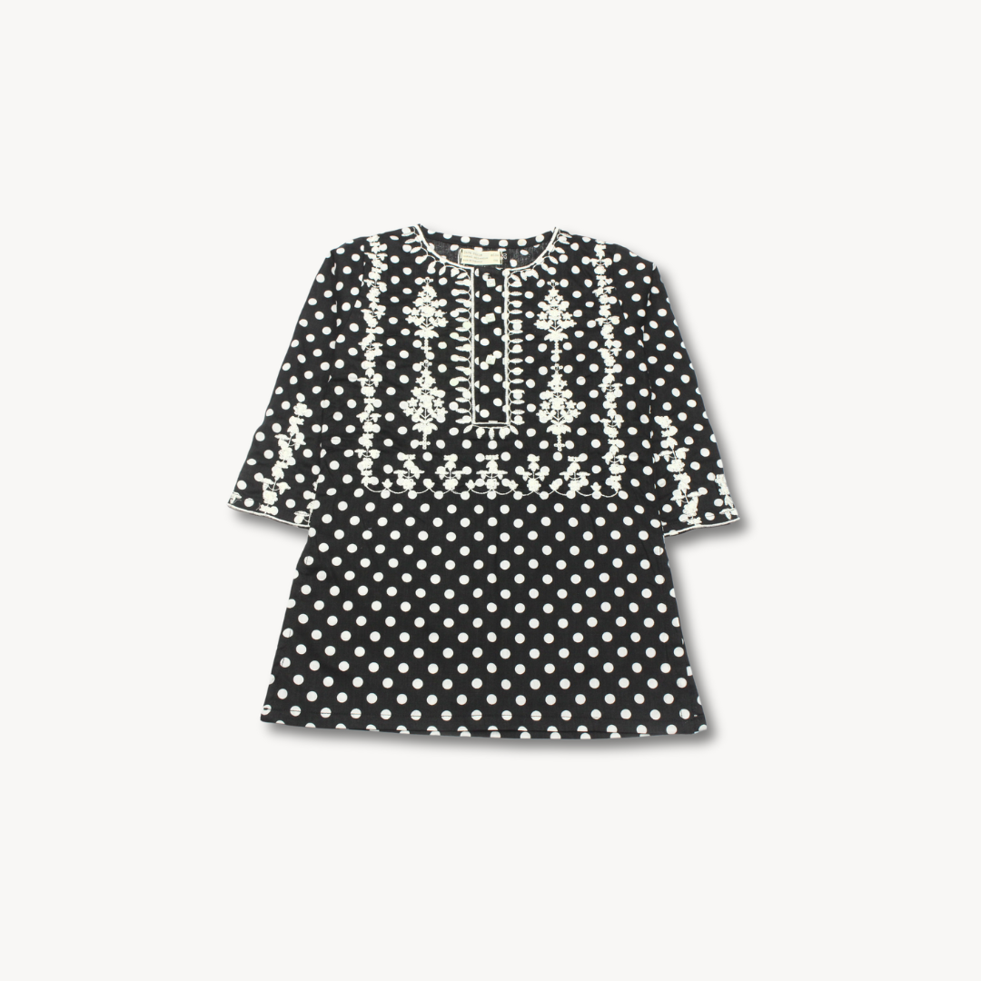 Black Polka Dots Embroidered Cotton Kurti