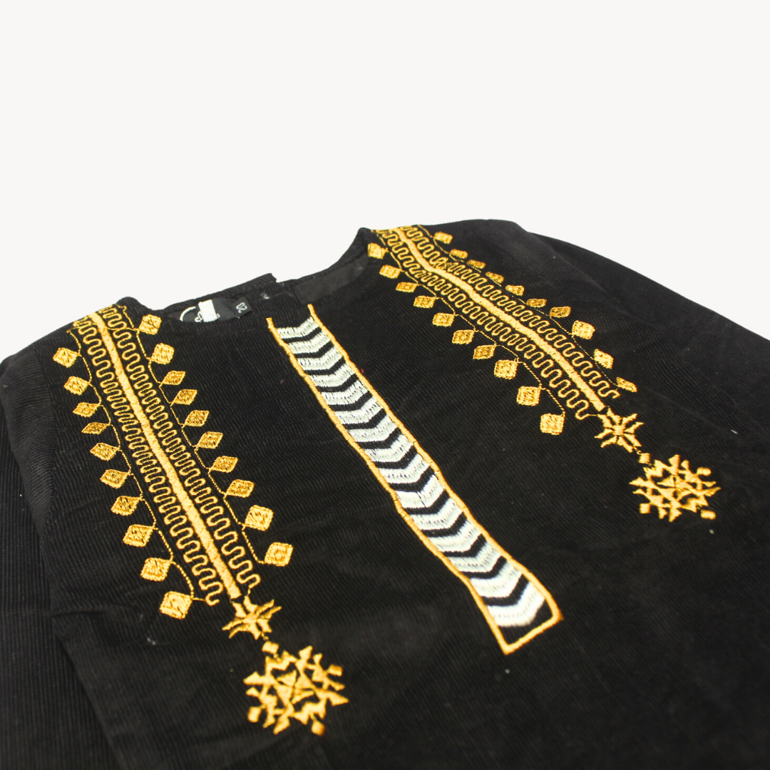 Yellow & Black Only Embroidered Coudrouy Kurti