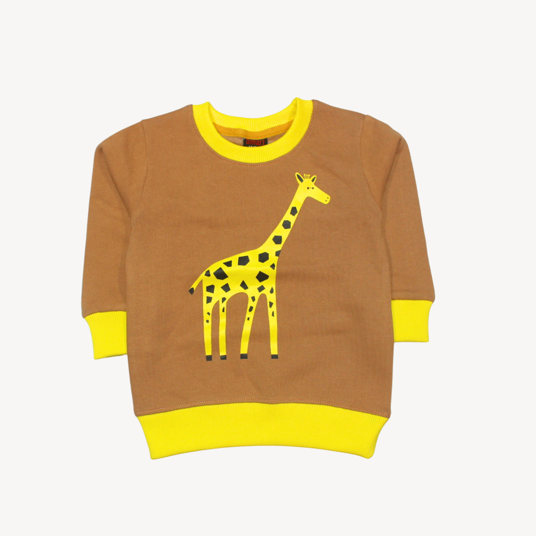 Light Brown Yellow Giraffe Yellow Ribbed Printed Fleece Sweat Shirt