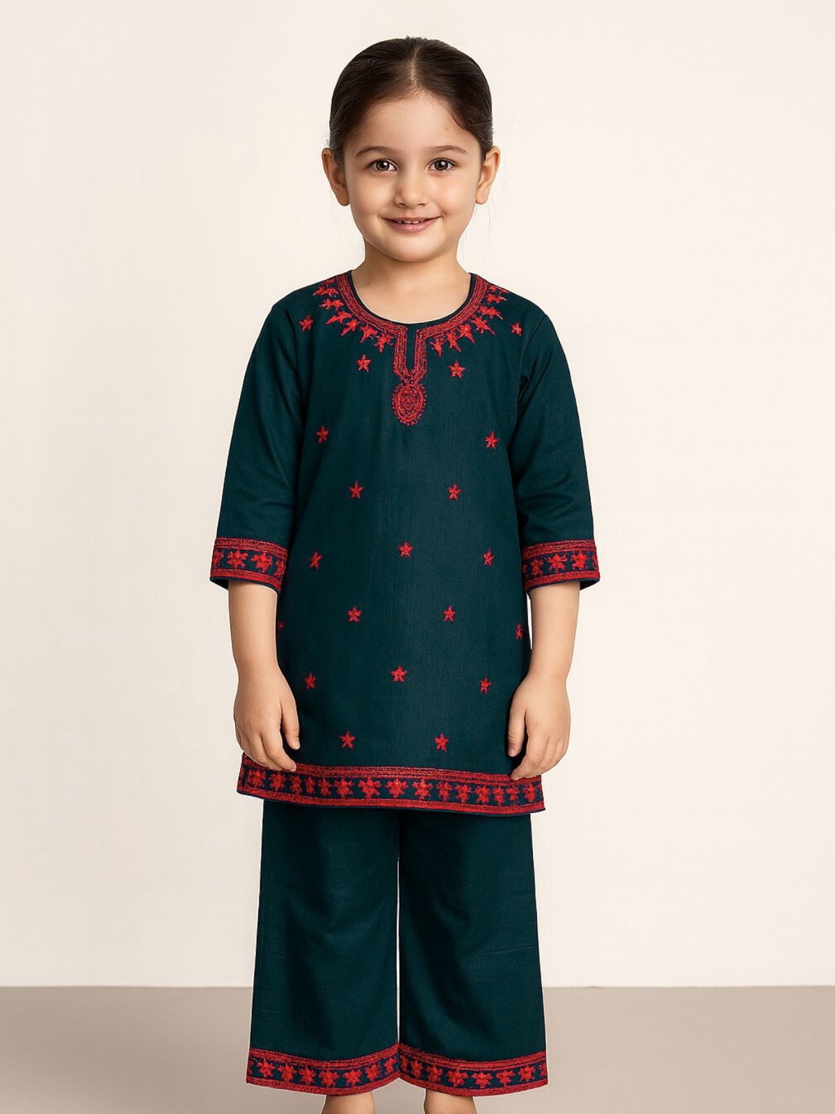 Dark Green Embroidered Stars Khaddar Shalwar Qameez