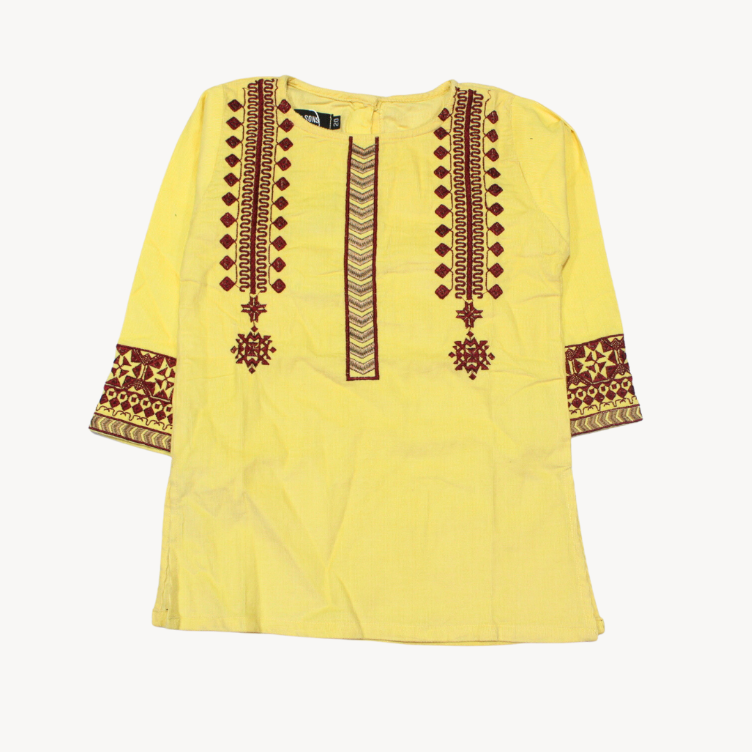 Yellow & Maroon Only Embroidered Coudrouy Kurti