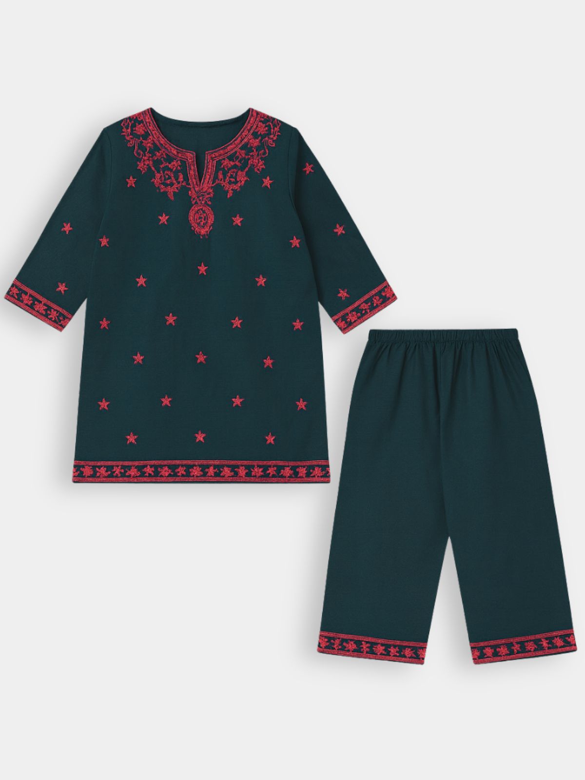 Dark Green Embroidered Stars Khaddar Shalwar Qameez