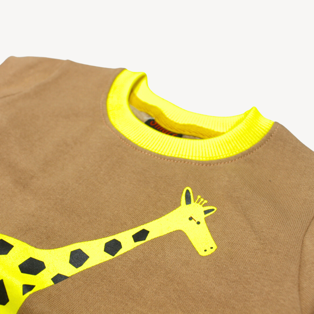 Light Brown Yellow Giraffe Yellow Ribbed Printed Fleece Sweat Shirt