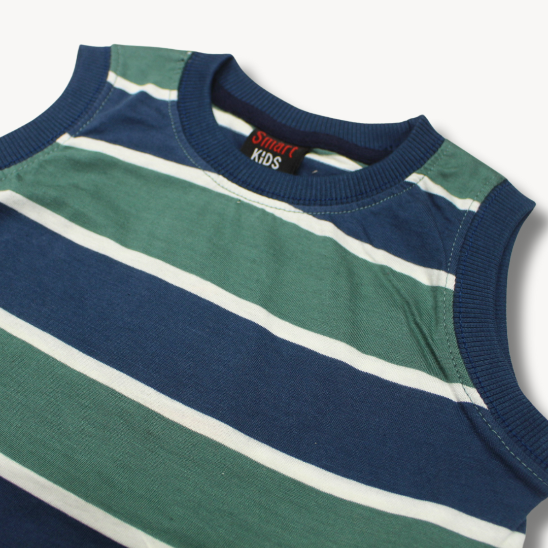 Green & Blue Stripe Sleeveless Shirt & Short Set