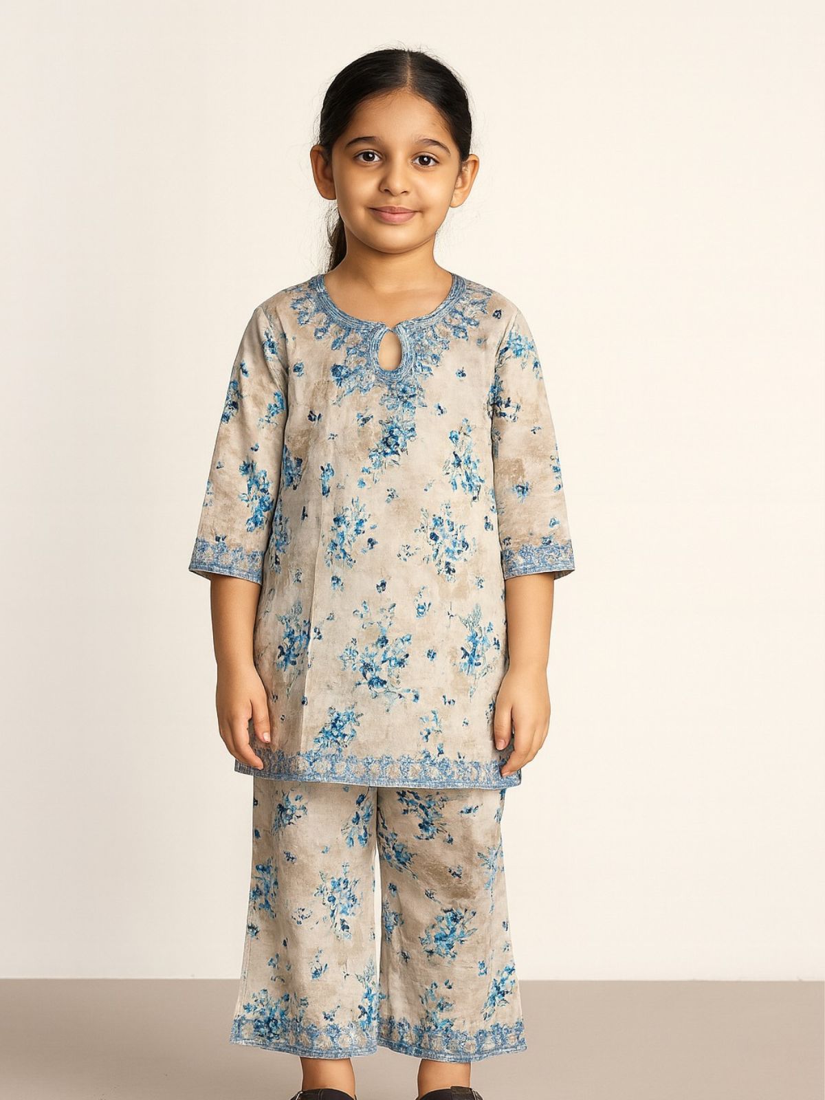 Beige Floral Blue Embroidery Khaddar Shalwar Qameez