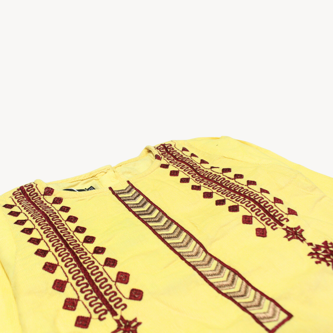 Yellow & Maroon Only Embroidered Coudrouy Kurti