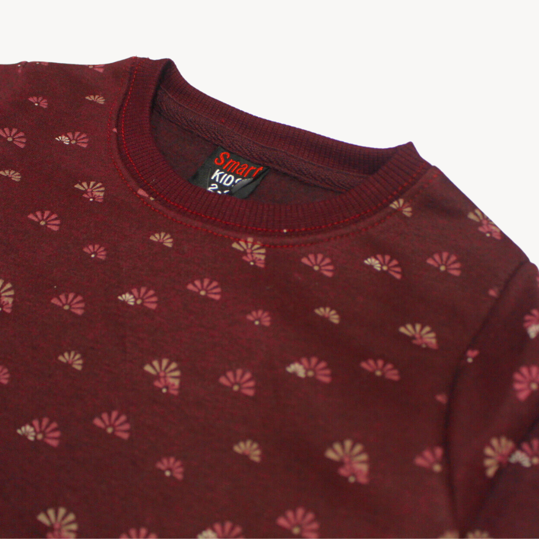 Maroon Minimal Flower Print Fleece Sweat Shirt