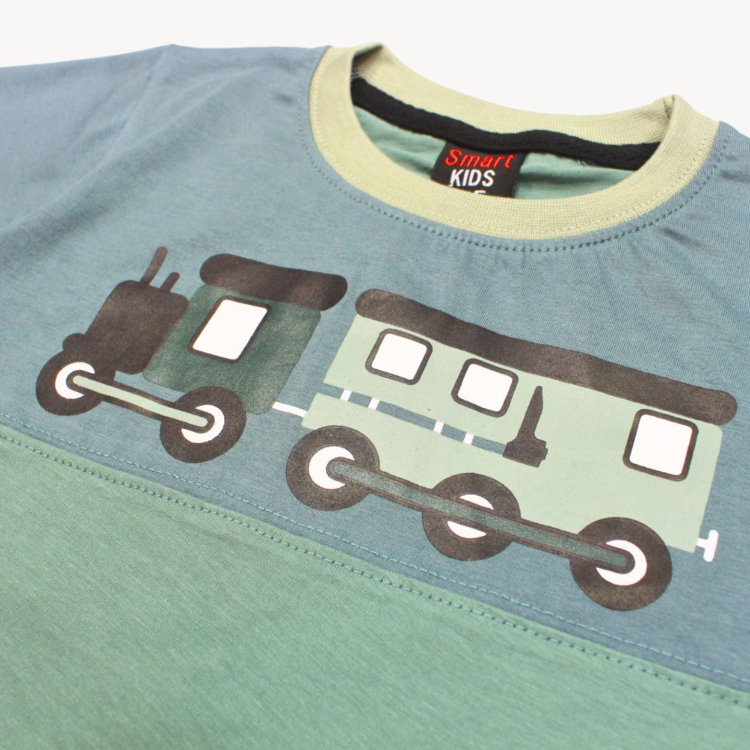 Dark Green Train Printed Shirt & Short Set