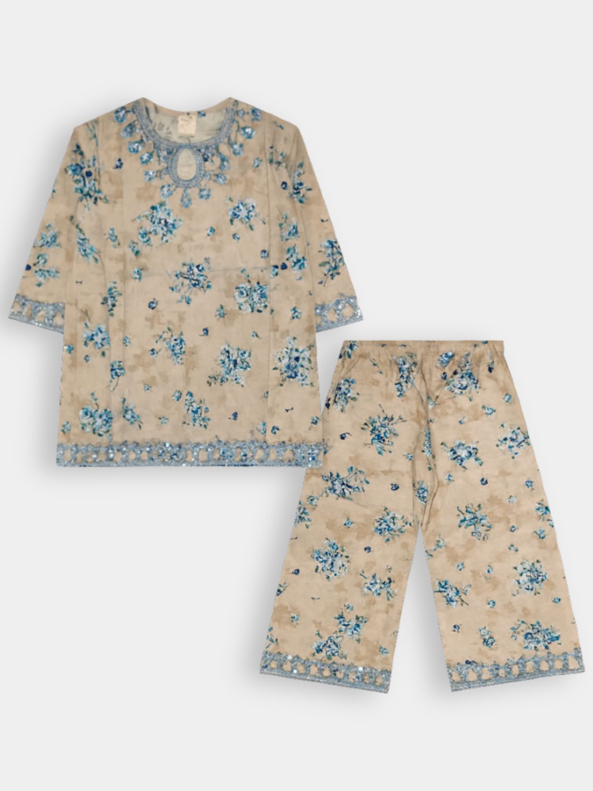 Beige Floral Blue Embroidery Khaddar Shalwar Qameez