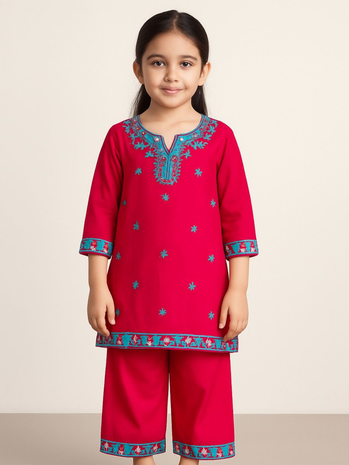 Pink with Blue Embroidered Khaddar Shalwar Qameez