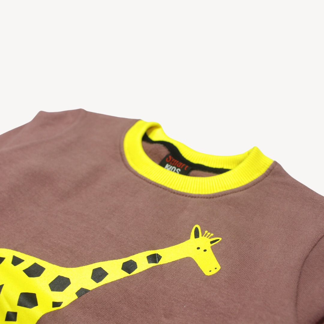 Pastel Maroon Yellow Giraffe Yellow Ribbed Printed Fleece Sweat Shirt