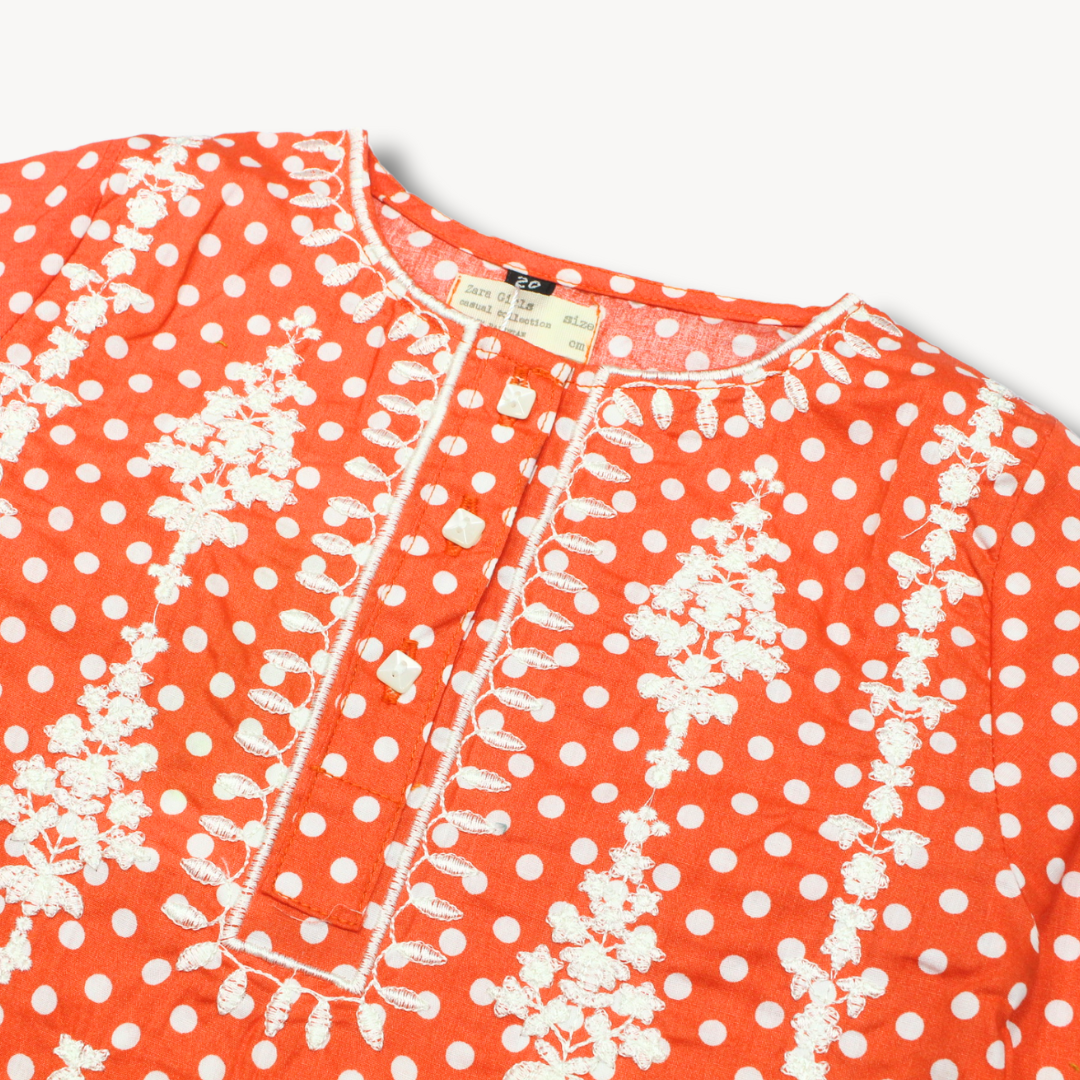 Light Orange Polka Dots Embroidered Cotton Kurti
