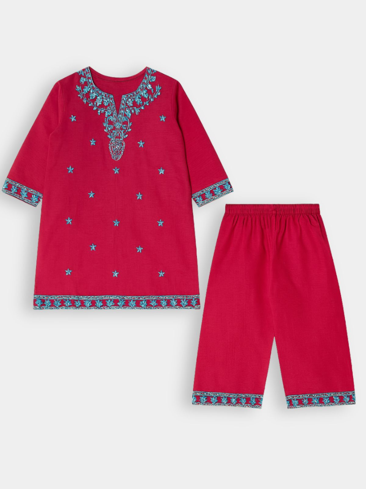 Pink with Blue Embroidered Khaddar Shalwar Qameez