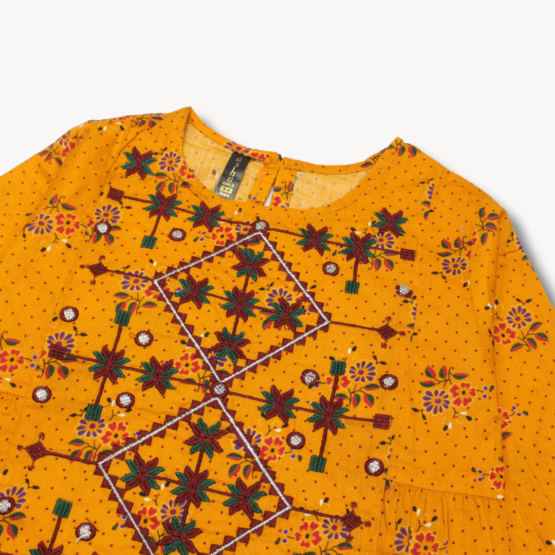 Orange with Maroon Floral Embroidered Cotton Kurti