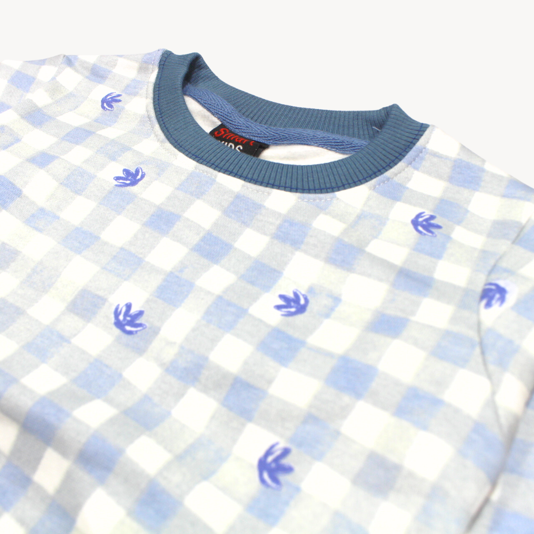 Blue & White Leaf Checkered Printed Fleece Sweat Shirt