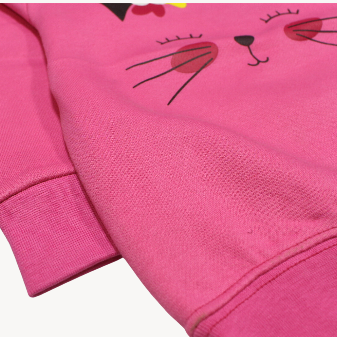 Light Pink Cute Cat Print Fleece Sweat Shirt
