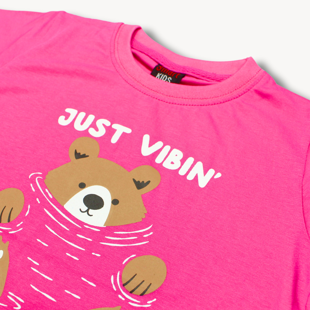 Just Vibin' Bear Pink Printed Cotton T-Shirt